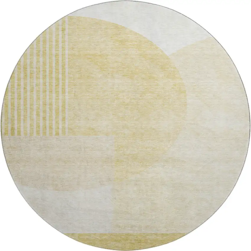8' Gold And Ivory Geometric Washable Round Rug With UV Protection Photo 6