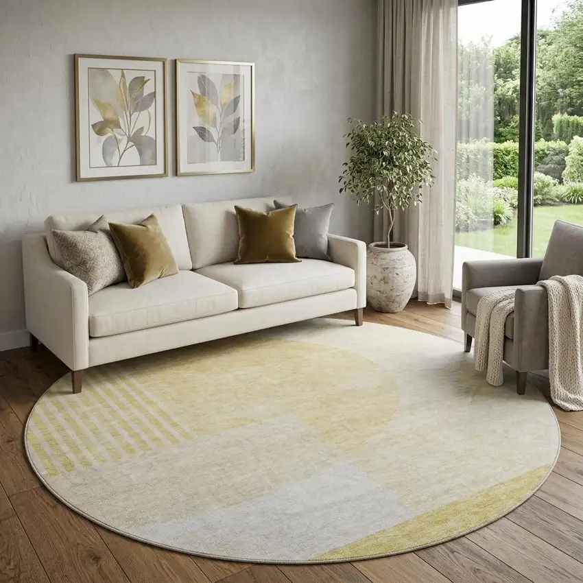 8' Gold And Ivory Geometric Washable Round Rug With UV Protection Photo 1