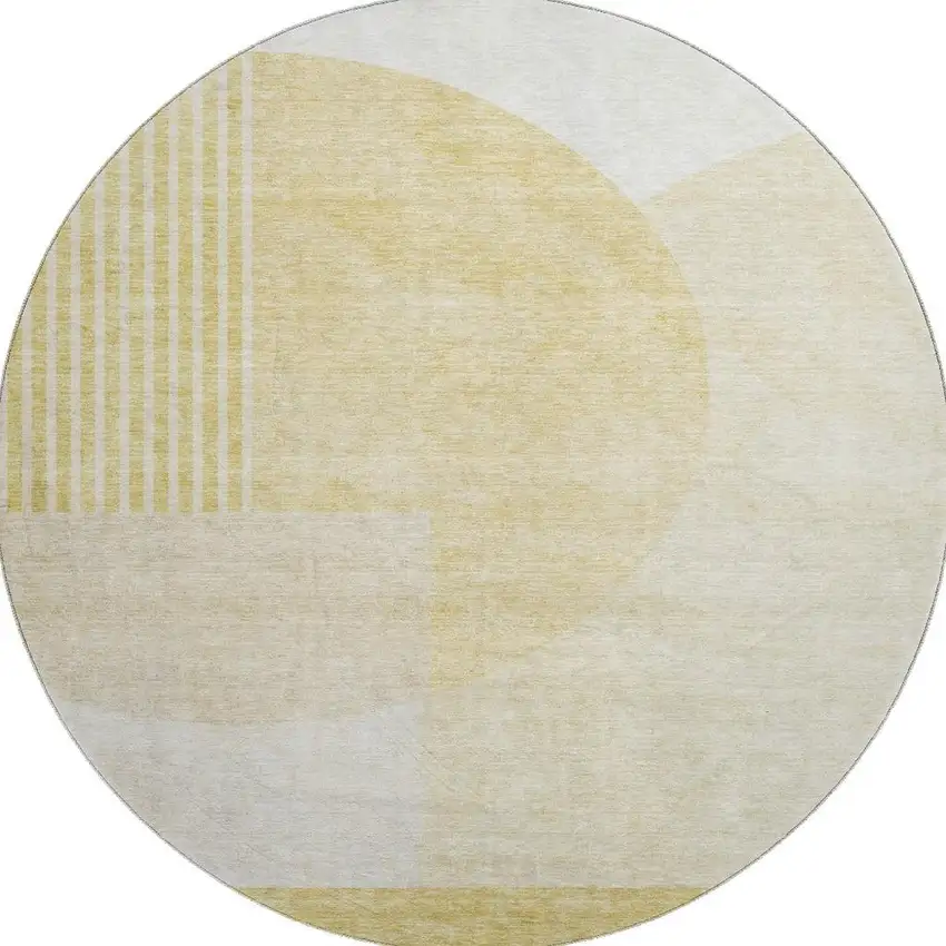8' Gold And Ivory Geometric Washable Round Rug With UV Protection Photo 1