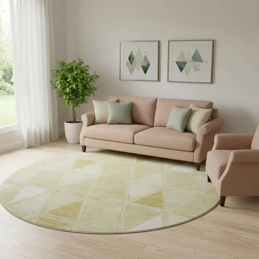 8' Gold And Ivory Geometric Washable Round Rug With UV Protection Photo 2