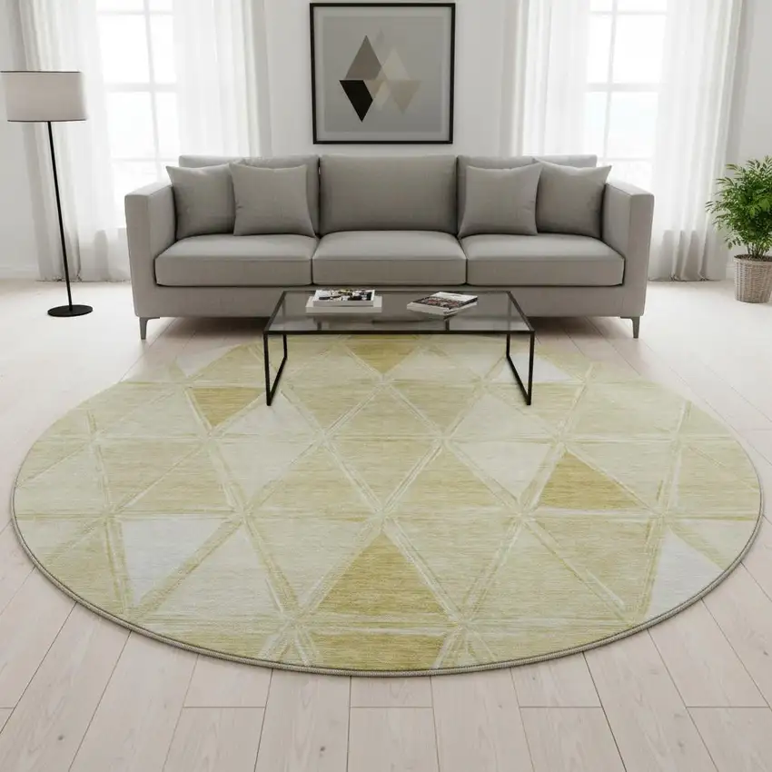 8' Gold And Ivory Geometric Washable Round Rug With UV Protection Photo 2