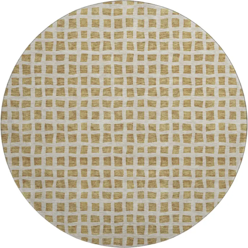 8' Gold And Ivory Geometric Washable Round Rug With UV Protection Photo 1