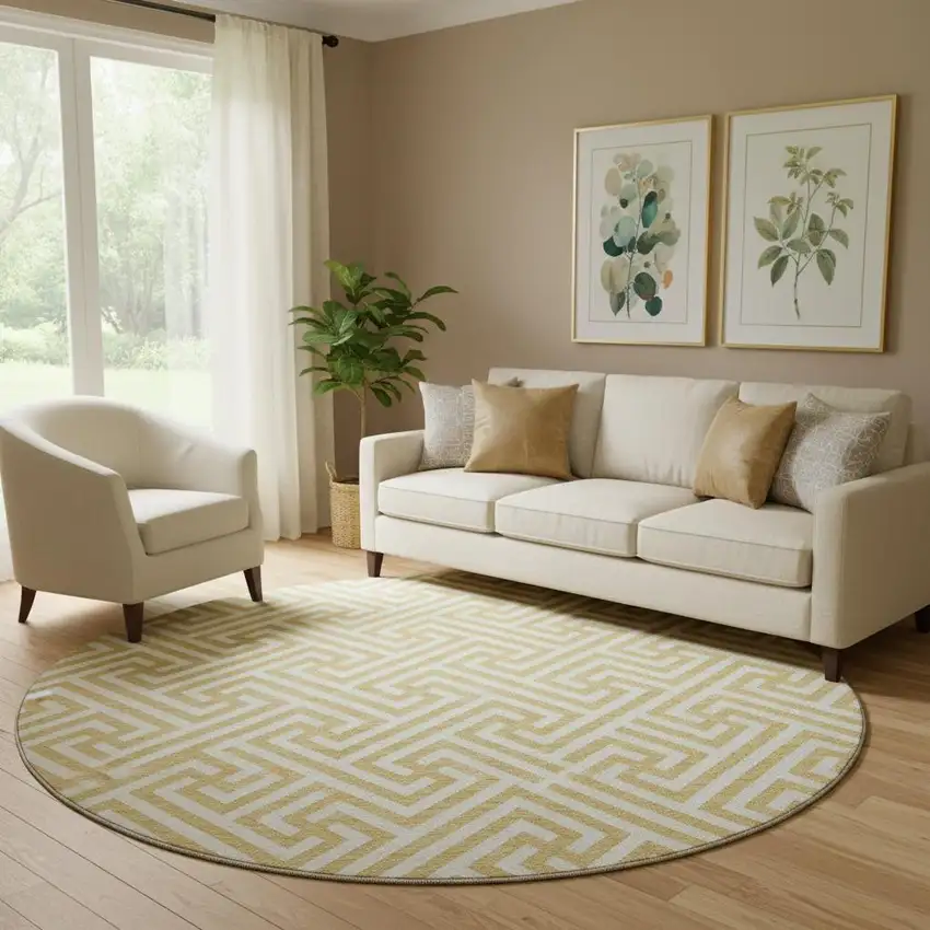 8' Gold And Ivory Geometric Washable Round Rug With UV Protection Photo 1