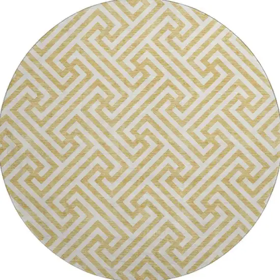8' Gold And Ivory Geometric Washable Round Rug With UV Protection Photo 4