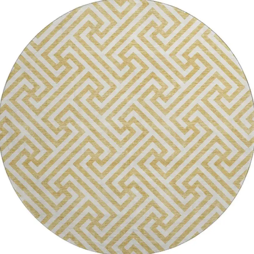 8' Gold And Ivory Geometric Washable Round Rug With UV Protection Photo 4