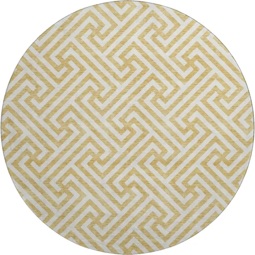 8' Gold And Ivory Geometric Washable Round Rug With UV Protection Photo 1
