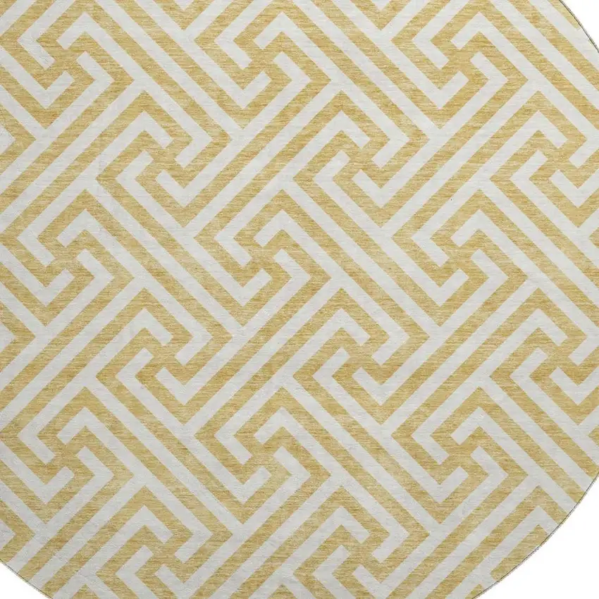 8' Gold And Ivory Geometric Washable Round Rug With UV Protection Photo 3