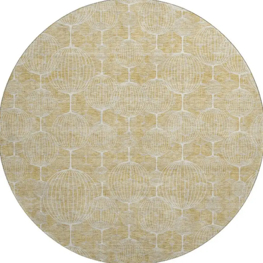 8' Gold And Ivory Geometric Washable Round Rug With UV Protection Photo 4