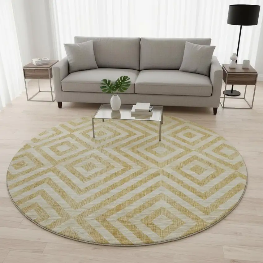 8' Gold And Ivory Geometric Washable Round Rug With UV Protection Photo 2