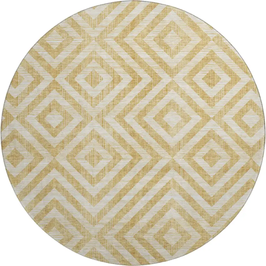 8' Gold And Ivory Geometric Washable Round Rug With UV Protection Photo 1