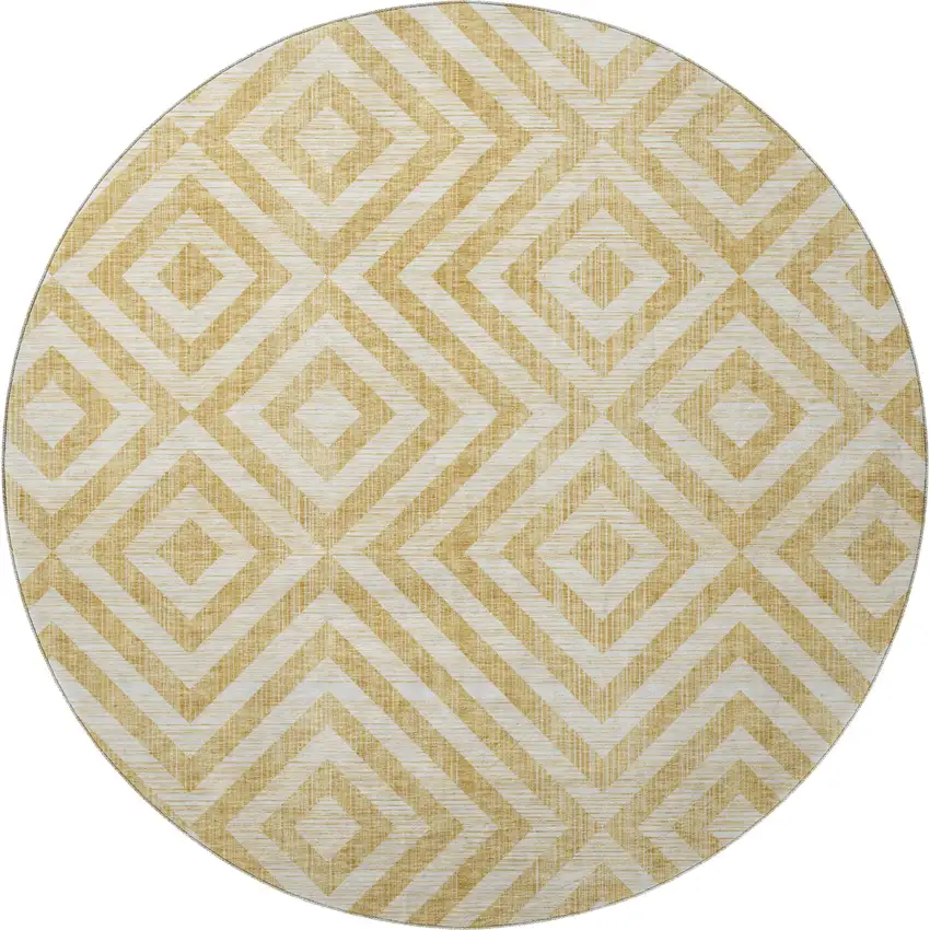 8' Gold And Ivory Geometric Washable Round Rug With UV Protection Photo 4