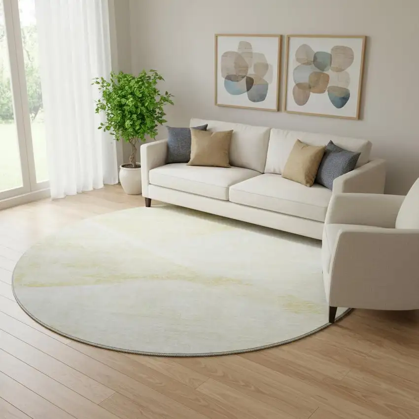 8' Gold And Ivory Geometric Washable Round Rug With UV Protection Photo 1