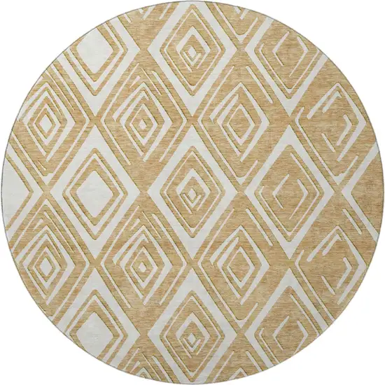 8' Gold And Ivory Geometric Washable Round Rug With UV Protection Photo 3