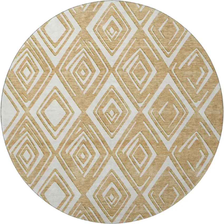 8' Gold And Ivory Geometric Washable Round Rug With UV Protection Photo 3