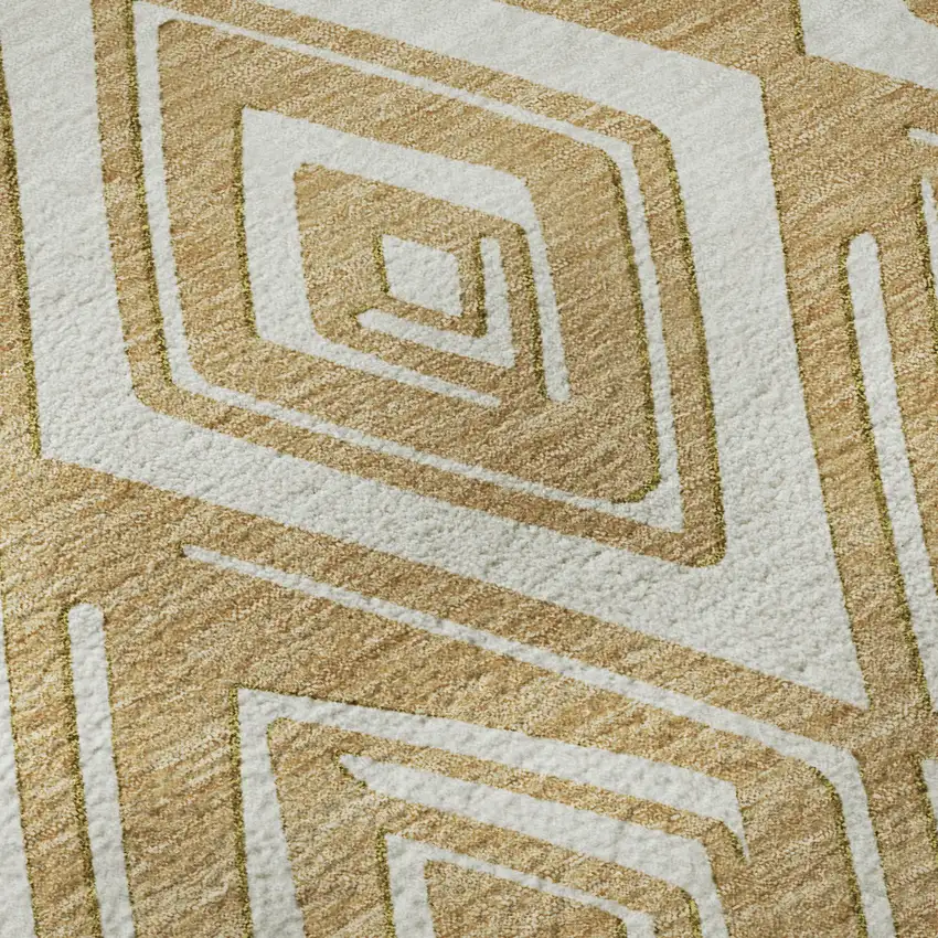 8' Gold And Ivory Geometric Washable Round Rug With UV Protection Photo 8