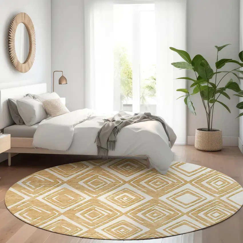 8' Gold And Ivory Geometric Washable Round Rug With UV Protection Photo 4