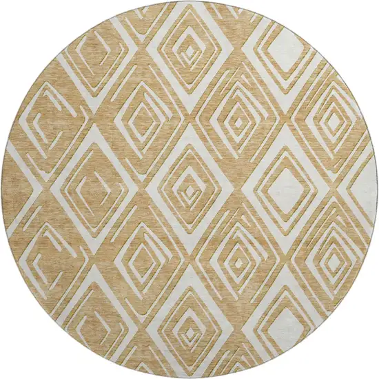 8' Gold And Ivory Geometric Washable Round Rug With UV Protection Photo 1