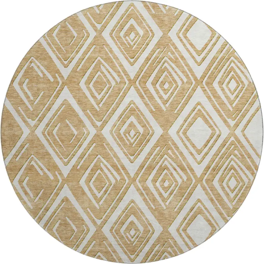 8' Gold And Ivory Geometric Washable Round Rug With UV Protection Photo 1