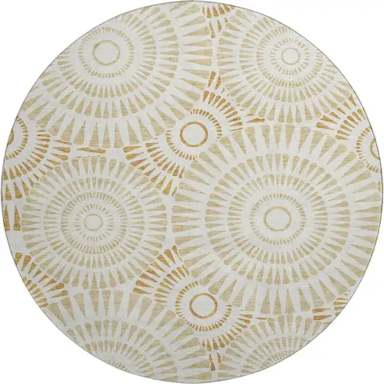 8' Gold And Ivory Geometric Washable Round Rug With UV Protection Photo 1