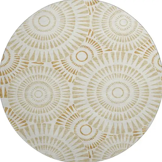 8' Gold And Ivory Geometric Washable Round Rug With UV Protection Photo 3