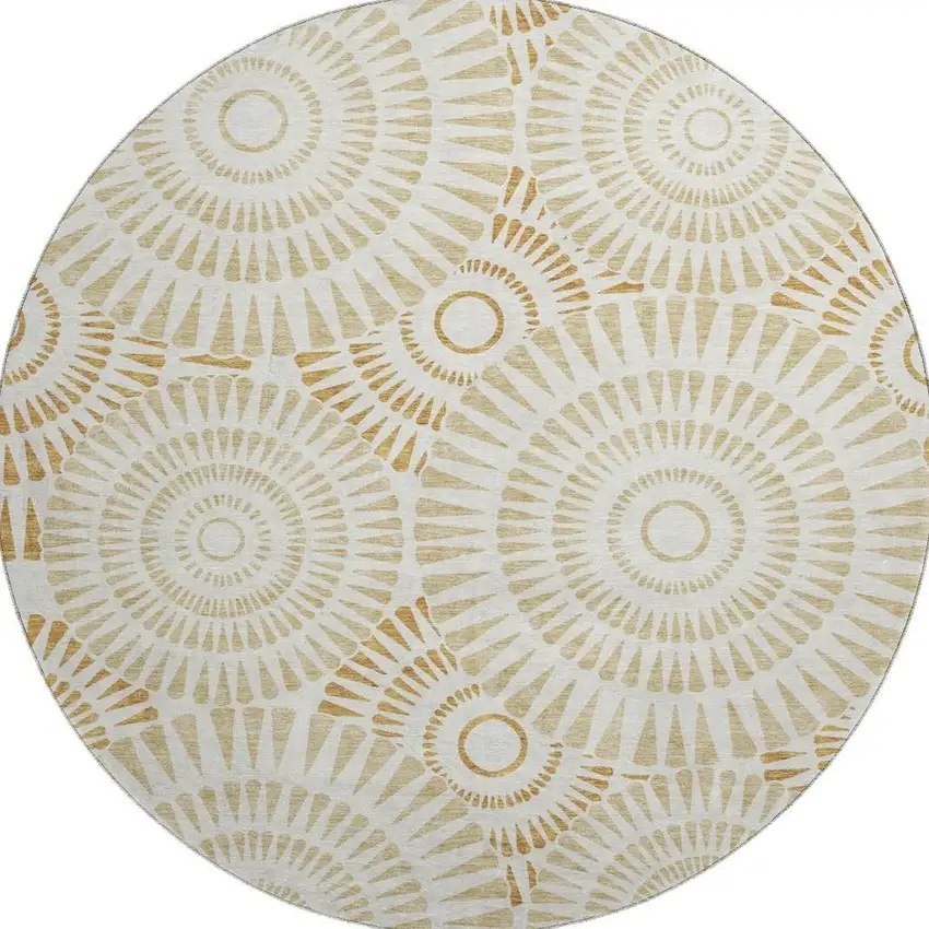 8' Gold And Ivory Geometric Washable Round Rug With UV Protection Photo 3