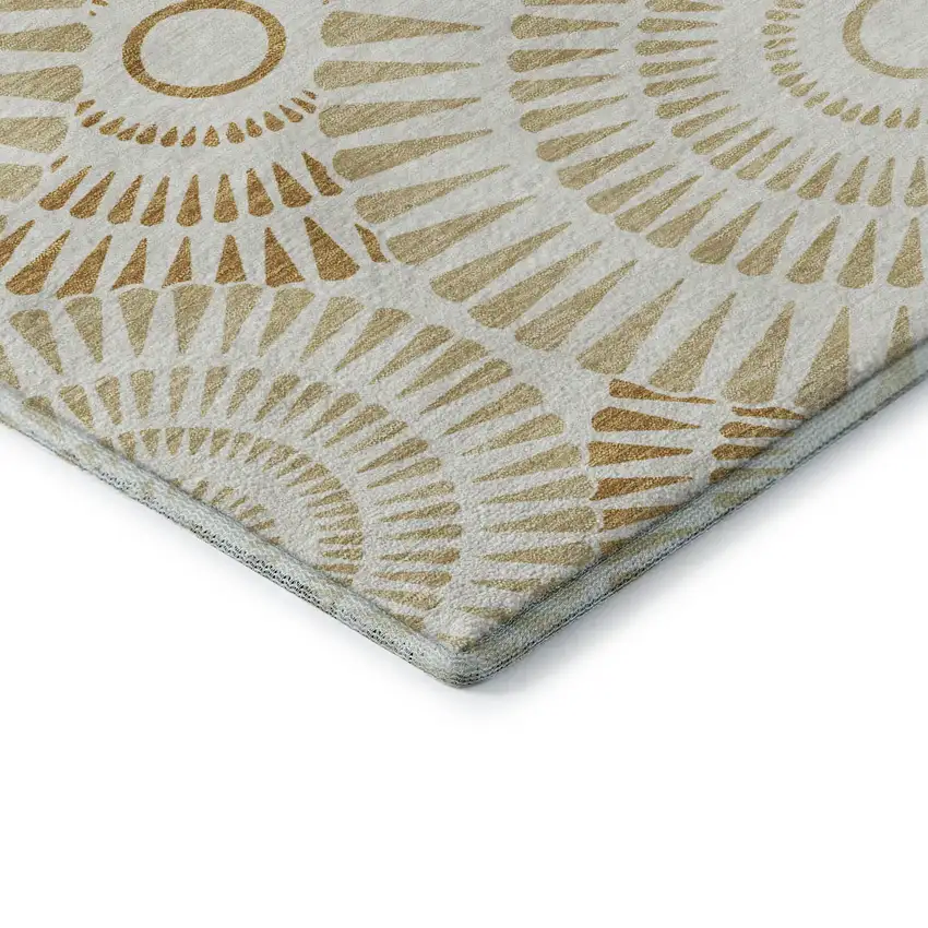 8' Gold And Ivory Geometric Washable Round Rug With UV Protection Photo 7
