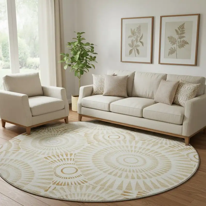 8' Gold And Ivory Geometric Washable Round Rug With UV Protection Photo 1