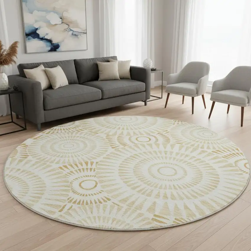 8' Gold And Ivory Geometric Washable Round Rug With UV Protection Photo 2