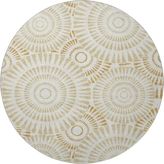 8' Gold And Ivory Geometric Washable Round Rug With UV Protection Photo 4