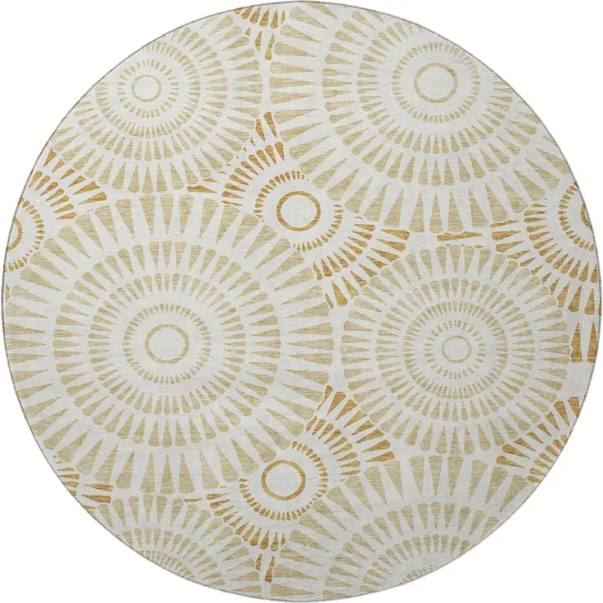 8' Gold And Ivory Geometric Washable Round Rug With UV Protection Photo 4