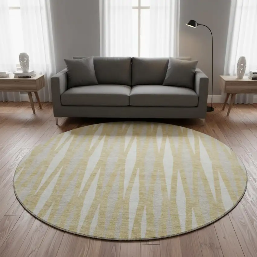 8' Gold And Ivory Geometric Washable Round Rug With UV Protection Photo 2