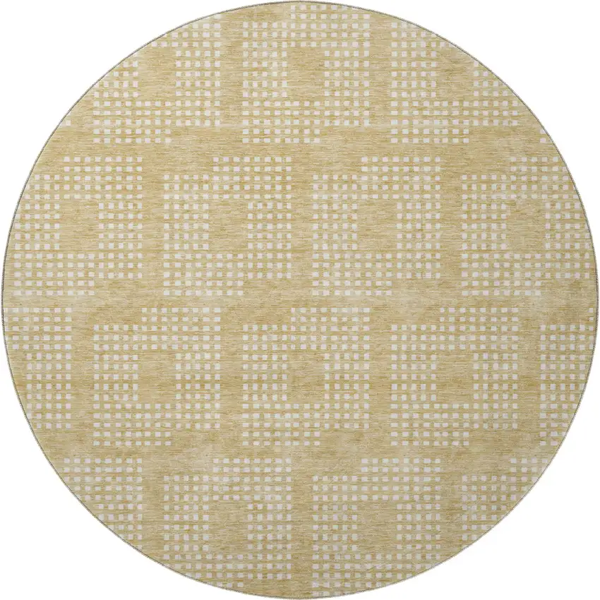 8' Gold And Ivory Geometric Washable Round Rug With UV Protection Photo 4