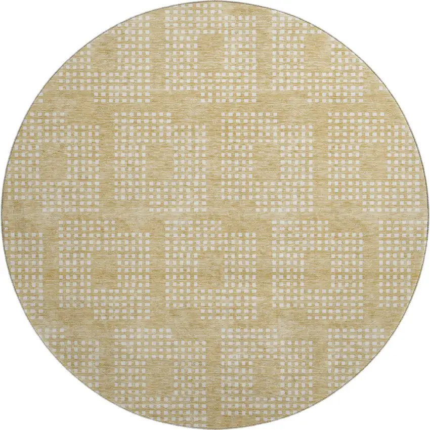 8' Gold And Ivory Geometric Washable Round Rug With UV Protection Photo 1