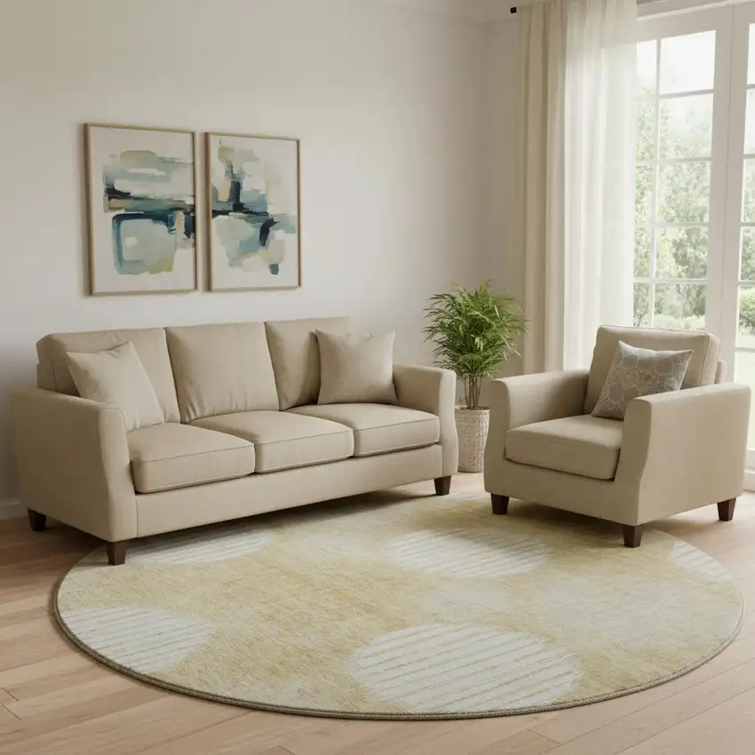 8' Gold And Ivory Geometric Washable Round Rug With UV Protection Photo 1