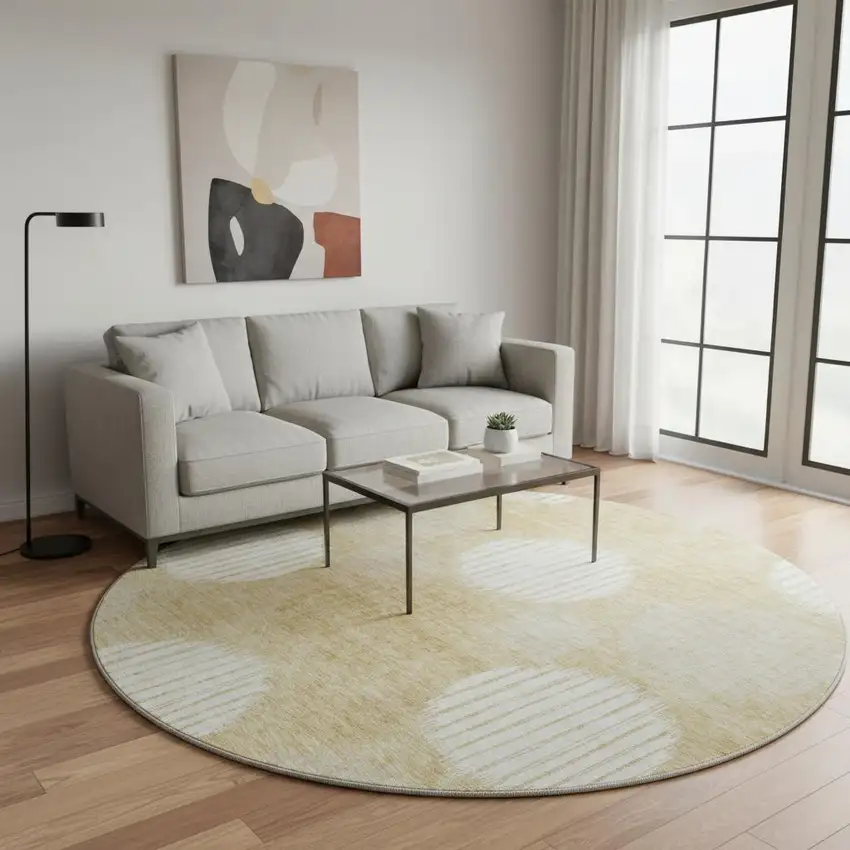 8' Gold And Ivory Geometric Washable Round Rug With UV Protection Photo 2