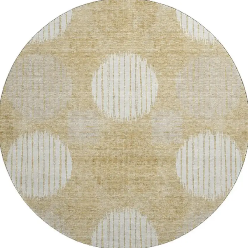 8' Gold And Ivory Geometric Washable Round Rug With UV Protection Photo 4