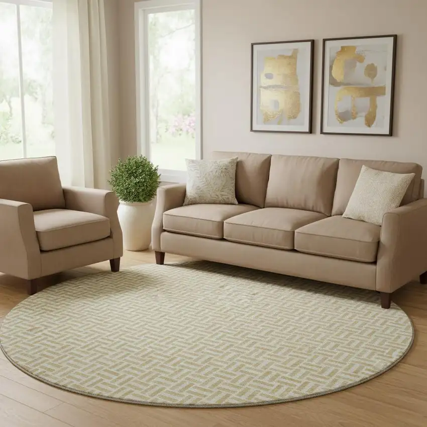 8' Gold And Ivory Geometric Washable Round Rug With UV Protection Photo 1