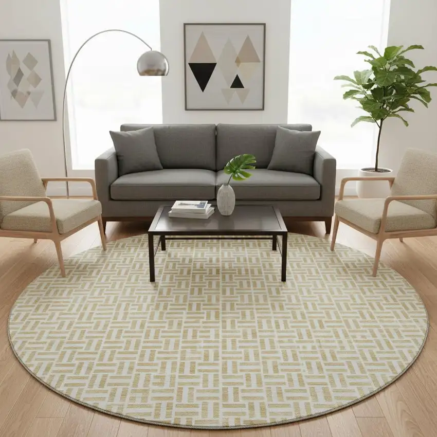 8' Gold And Ivory Geometric Washable Round Rug With UV Protection Photo 2