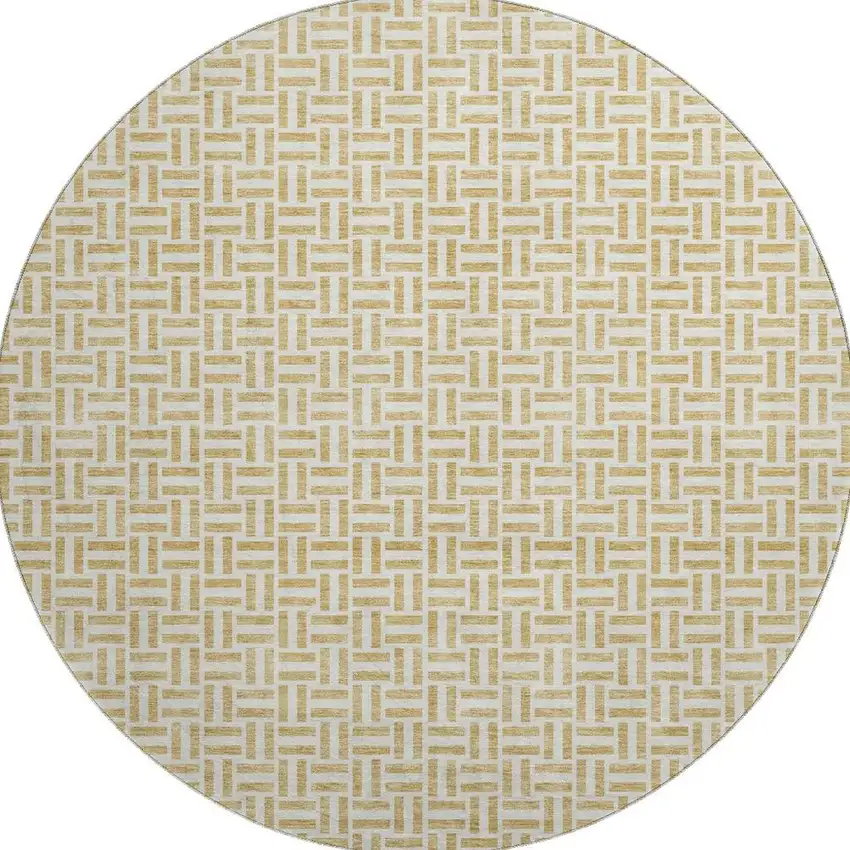8' Gold And Ivory Geometric Washable Round Rug With UV Protection Photo 3