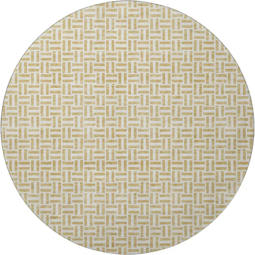 8' Gold And Ivory Geometric Washable Round Rug With UV Protection Photo 4