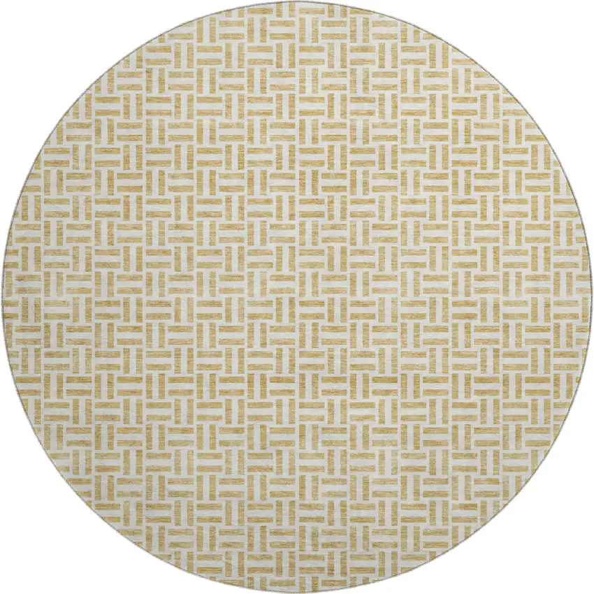 8' Gold And Ivory Geometric Washable Round Rug With UV Protection Photo 1