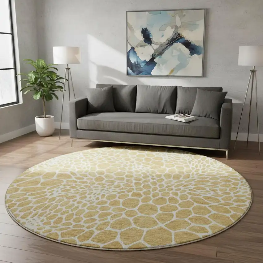 8' Gold And Ivory Geometric Washable Round Rug With UV Protection Photo 2
