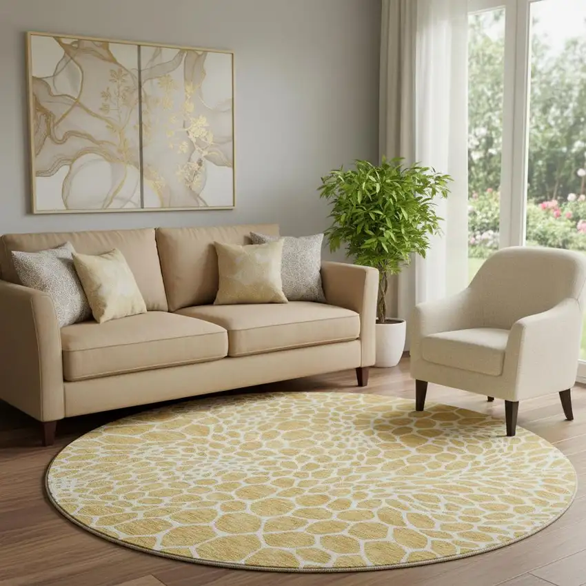 8' Gold And Ivory Geometric Washable Round Rug With UV Protection Photo 1