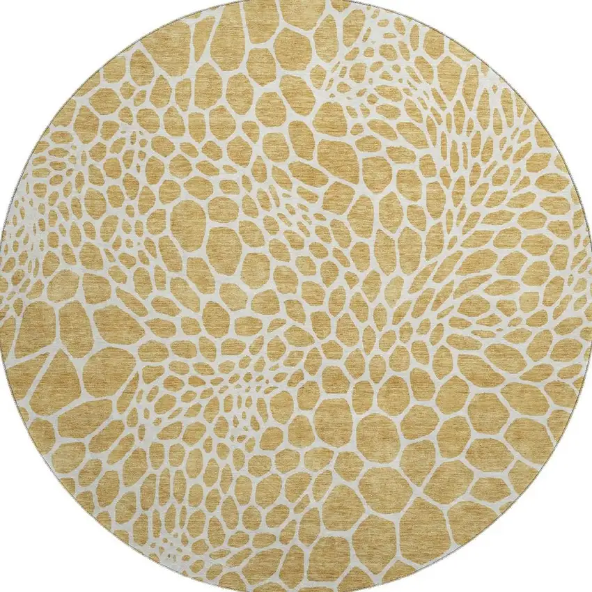 8' Gold And Ivory Geometric Washable Round Rug With UV Protection Photo 4