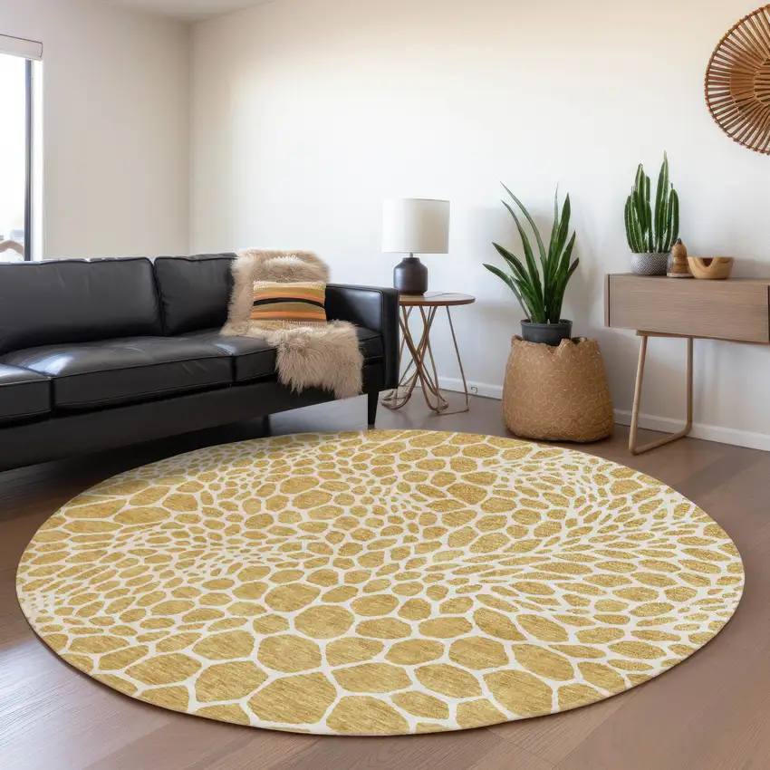 8' Gold And Ivory Geometric Washable Round Rug With UV Protection Photo 5