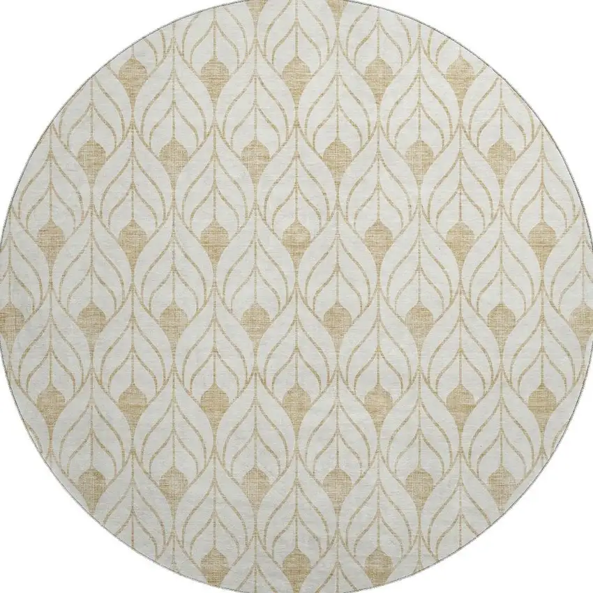 8' Gold And Ivory Geometric Washable Round Rug With UV Protection Photo 3