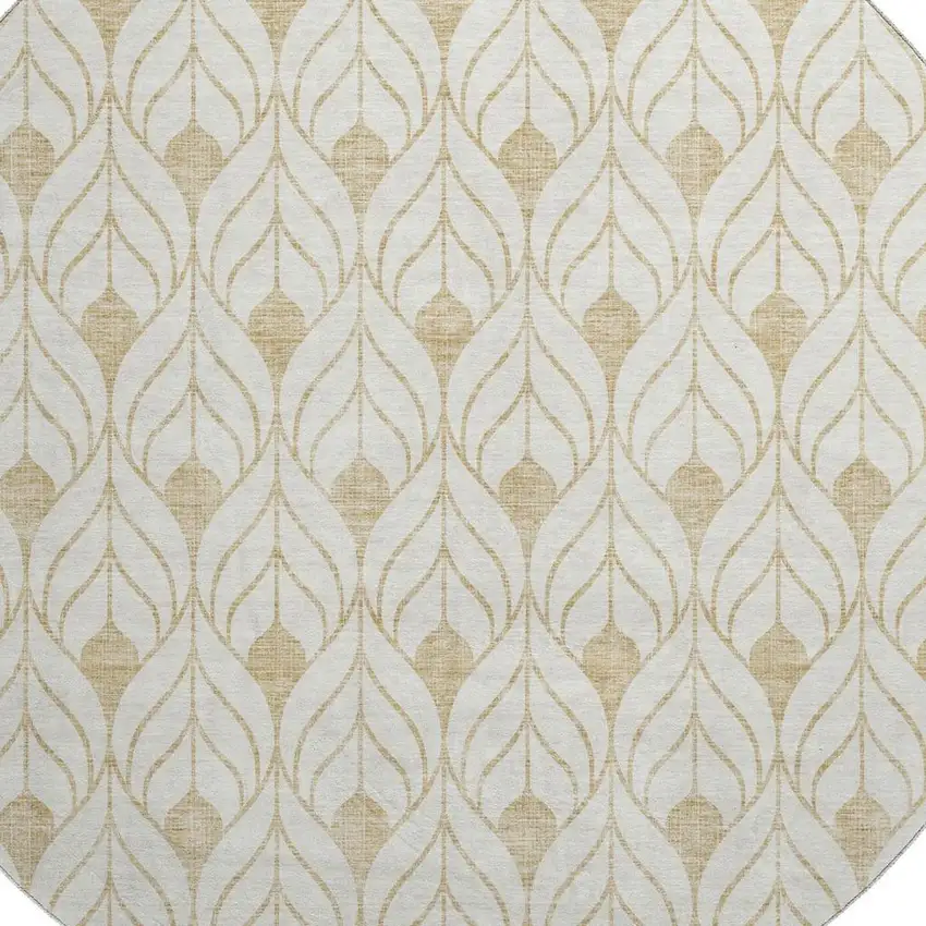 8' Gold And Ivory Geometric Washable Round Rug With UV Protection Photo 2