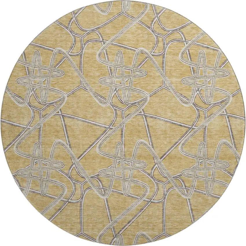 8' Gold And Ivory Geometric Washable Round Rug With UV Protection Photo 1