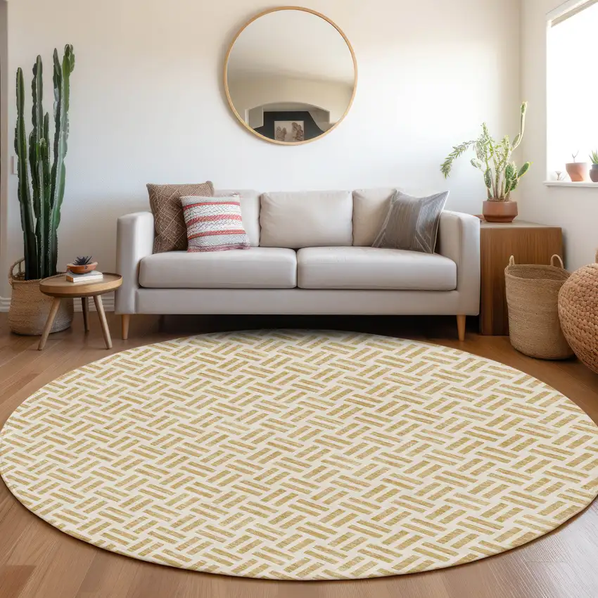 8' Gold And Ivory Geometric Washable Round Rug With UV Protection Photo 4