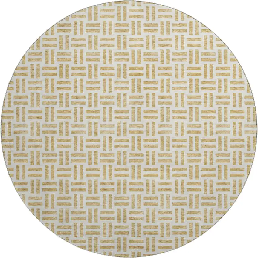 8' Gold And Ivory Geometric Washable Round Rug With UV Protection Photo 1